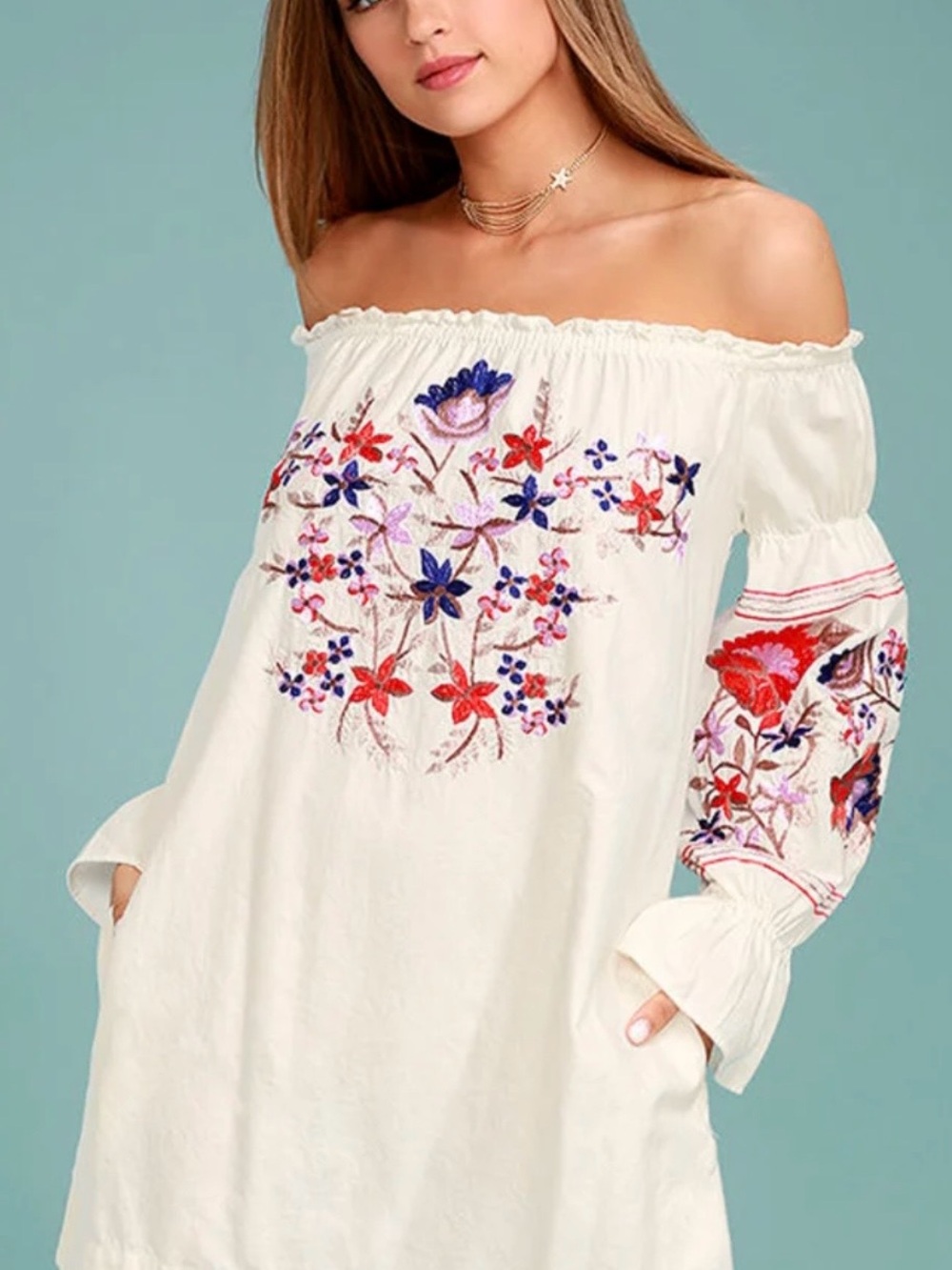 Free People Fleur Du Jour Embroidered Ivory Shift Dress L NWT
